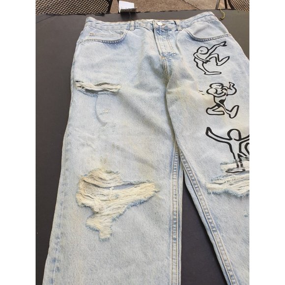 Zara Destroyed Graffitti Jeans 32 x 24 Loose Crop Unisex? Mens Womens - Picture 4 of 12